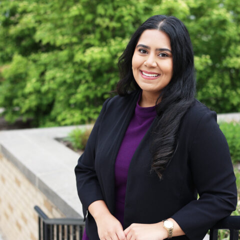 Bayan Al-Hindi MHA ‘25 standing in the MVR Hall courtyard