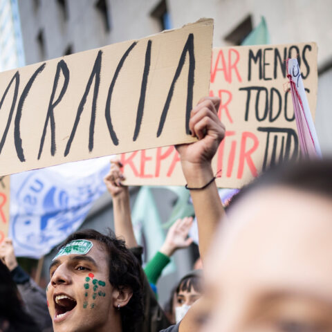 Students protesting holding "democracia" sign