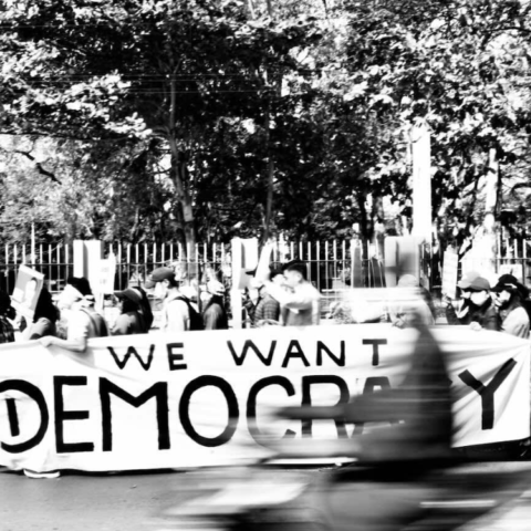 Black and white banner saying We Want Democracy