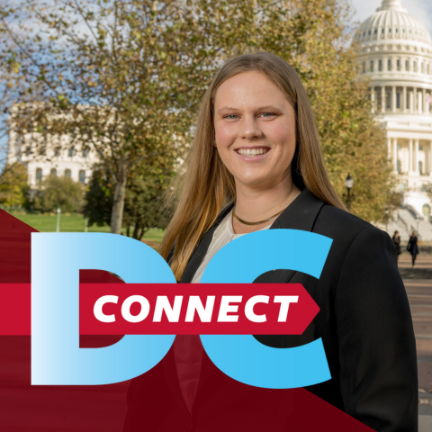 Student in black blazer in front of the Capitol Building with DC Connect text overlay