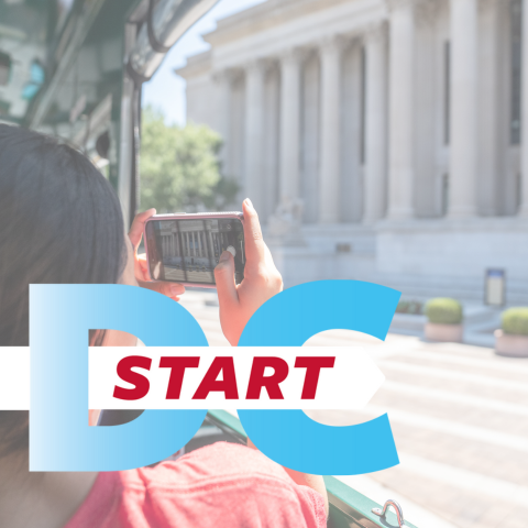 Student taking picture of the Capitol Building with DC Start text overlay