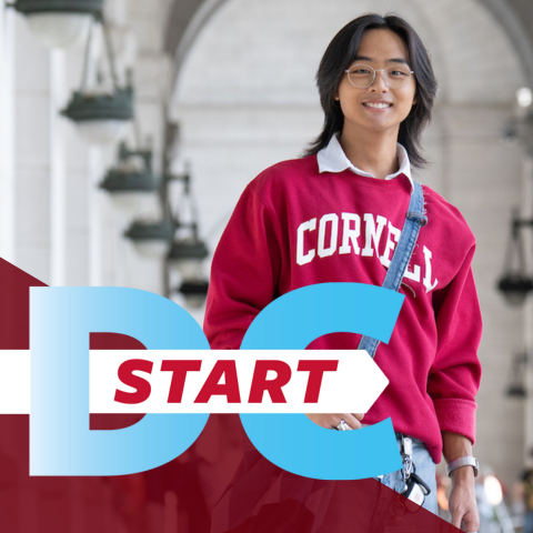 Student wearing red Cornell sweatshirt with DC Start text overlay
