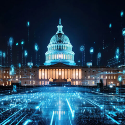 High-tech digital data streams surrounding the illuminated U.S. Capitol Building at night