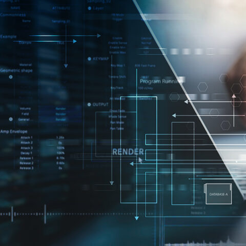 Hands at a computer keyboard with data statistics overlayed on top