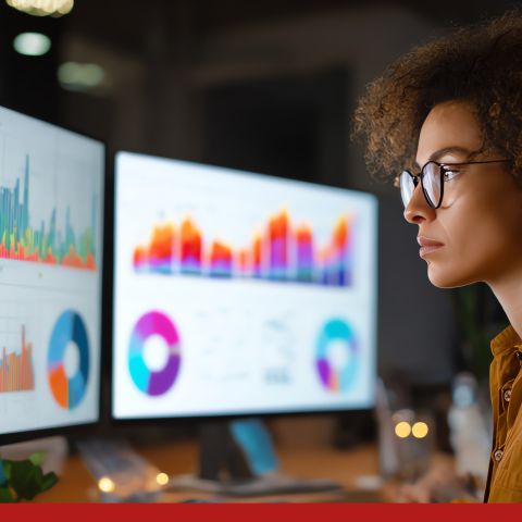 Person working at a computer reviewing charts and graphs