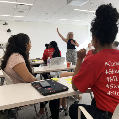 Julie Carmalt in the front of a classroom during Sloan orientation event