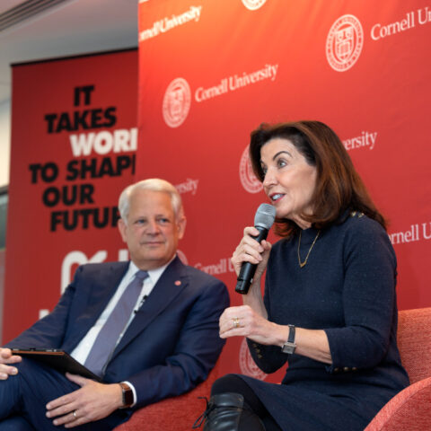 Kathy Hochul holds an in-person and virtual conversation Thursday, Feb. 10 with the Institute of Politics and Global Affairs at the Jeb E. Brooks School of Public Policy. Moderators include: IOPGA director Steve Israel, a former member of Congress; Howard Milstein '73, member of the Board of Trustees (virtual), Cornell University; and Janette Sadik-Khan, a member of the Board of Directors for the Regional Plan Association. The ILR School is a co-sponsor of the event at its New York City offices.