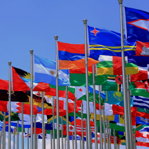 Row of 20 international flags in blue sky