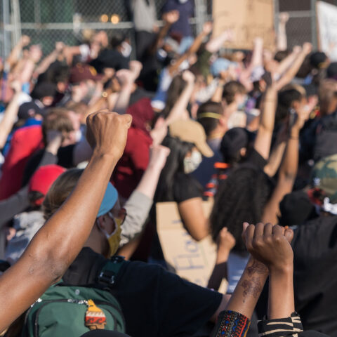 Group of protestors with fists in the air
