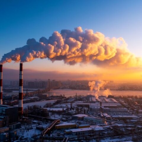 View of an industrial area with a smoke stack with a cloud of smoke rising near a river
