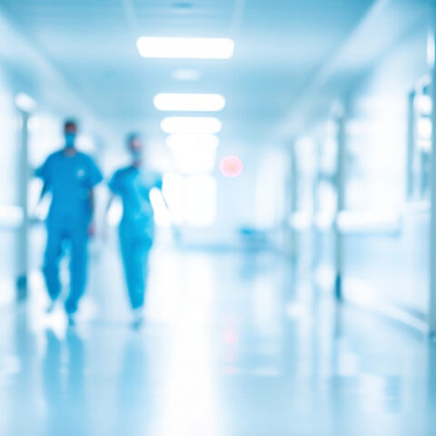 blurred image of two healthcare workers walking through a hospital hallway