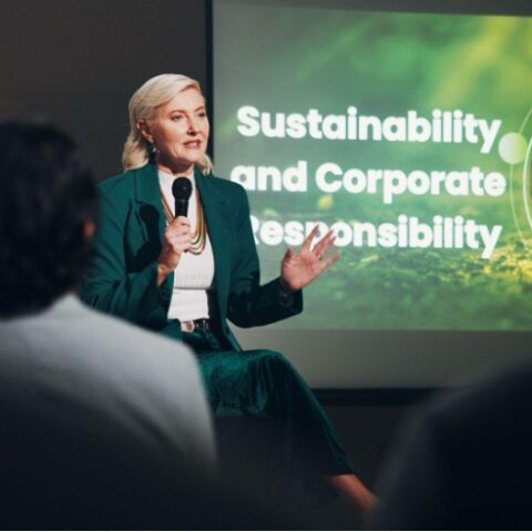 Employee delivering corporate presentation on sustainability